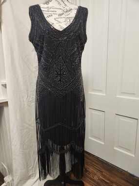 Fundaisy NWT Black Sequin Beaded Embellished Flapper Evening Gown Dress SZ XL